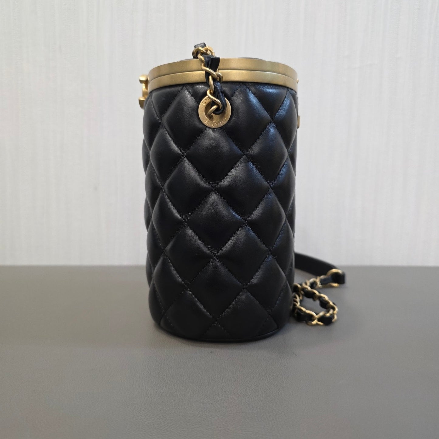 CHANEL Quilted Lambskin CC Cylinder Vanity Bag Black Gold Hardware (Pre-Owned)