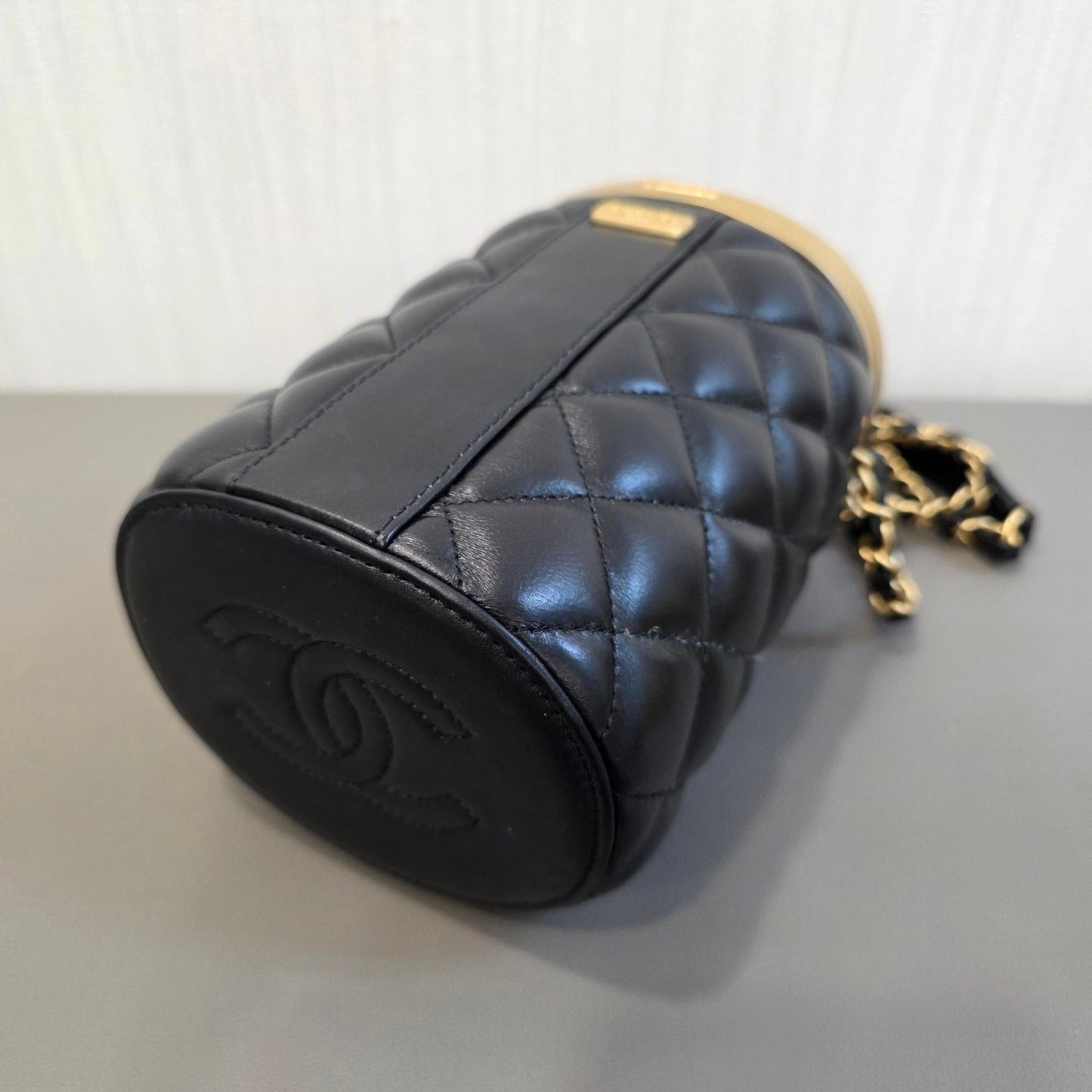CHANEL Quilted Lambskin CC Cylinder Vanity Bag Black Gold Hardware (Pre-Owned)