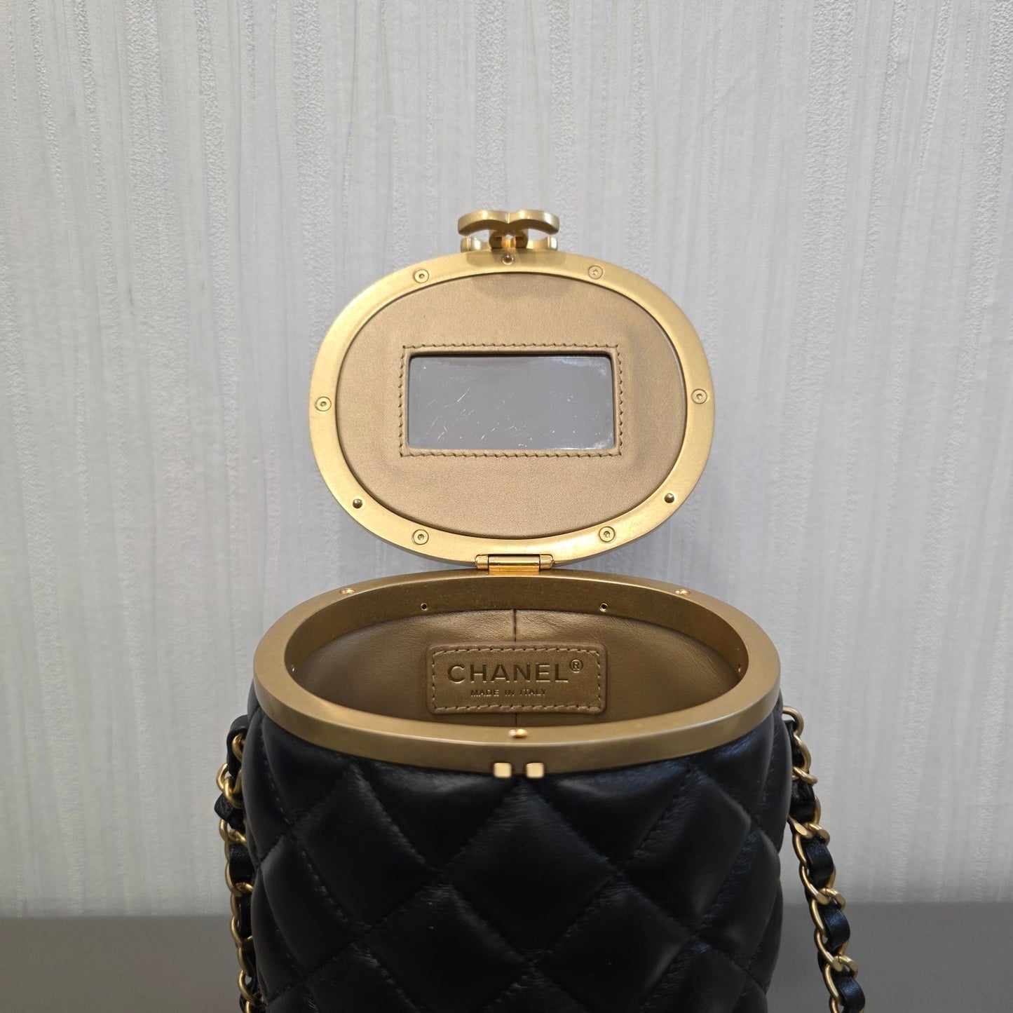 CHANEL Quilted Lambskin CC Cylinder Vanity Bag Black Gold Hardware (Pre-Owned)