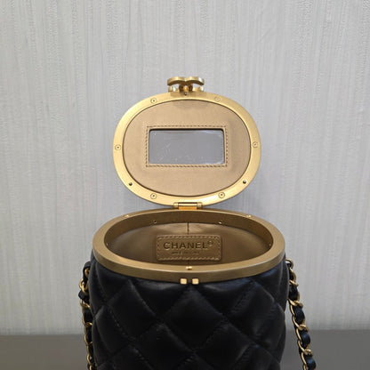 CHANEL Quilted Lambskin CC Cylinder Vanity Bag Black Gold Hardware (Pre-Owned)
