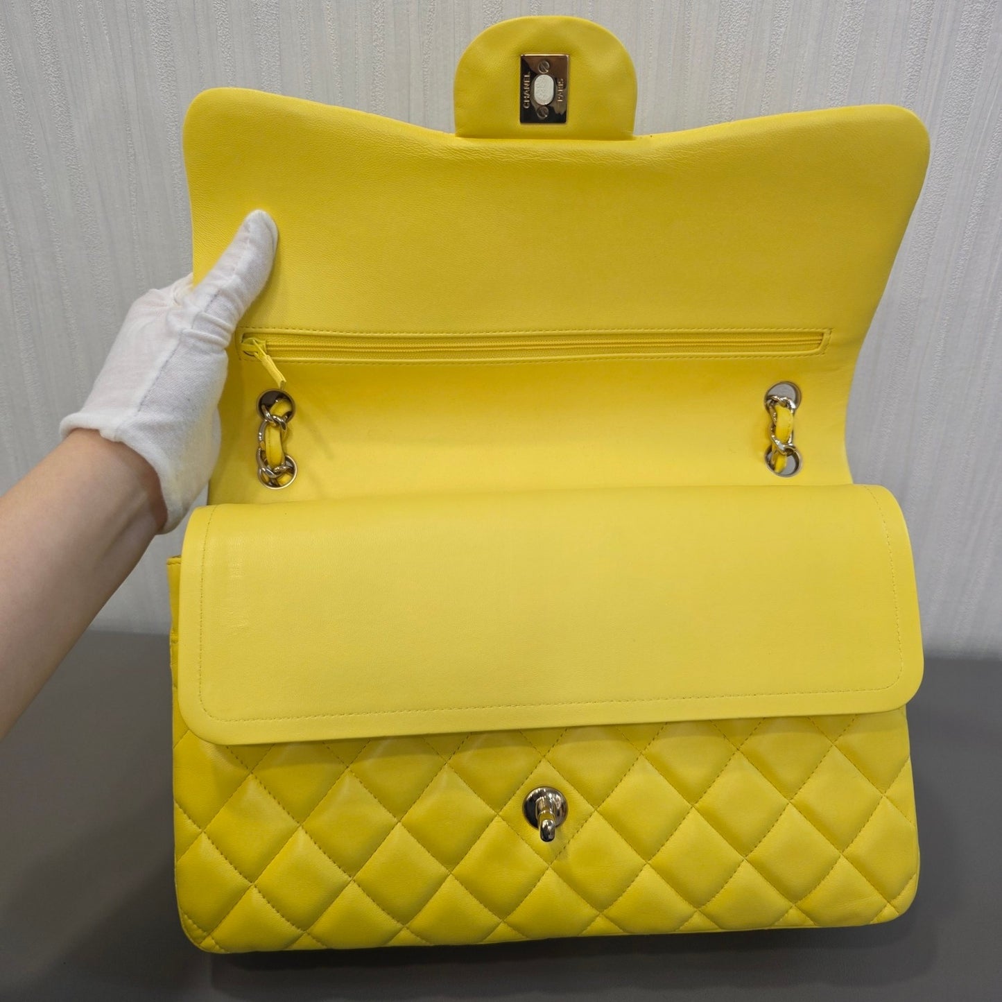 CHANEL Classic Double Flap Lambskin Shoulder Bag Yellow (Pre-Owned)