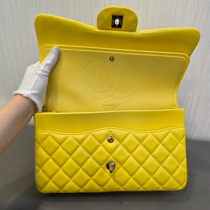 CHANEL Classic Double Flap Lambskin Shoulder Bag Yellow (Pre-Owned)