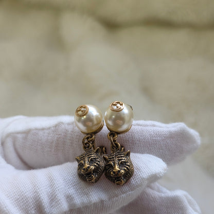 GUCCI Pearl Tiger Head Drop Earrings (Pre-Owned)