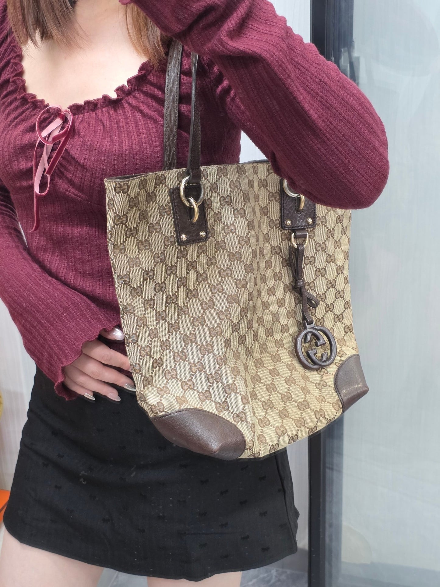 Gucci GG Canvas Sukey Tote Bag Beige Brown (Pre-Owned)