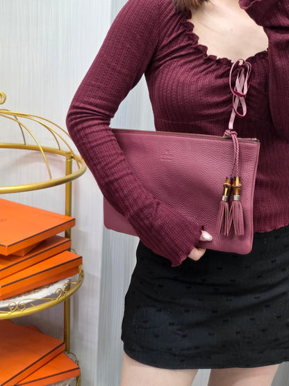 Gucci Bamboo Tassel Leather Clutch Bag Pink (Pre-Owned)