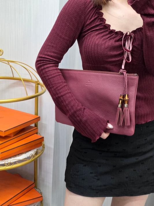 Gucci Bamboo Tassel Leather Clutch Bag Pink (Pre-Owned)