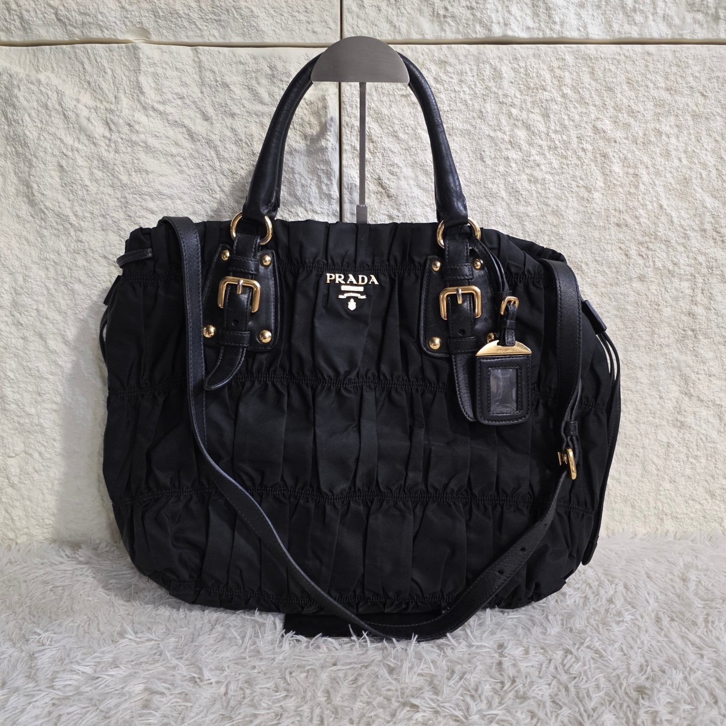 Prada Gathered Nylon 2Way Shoulder Bag Black (Pre-Owned)