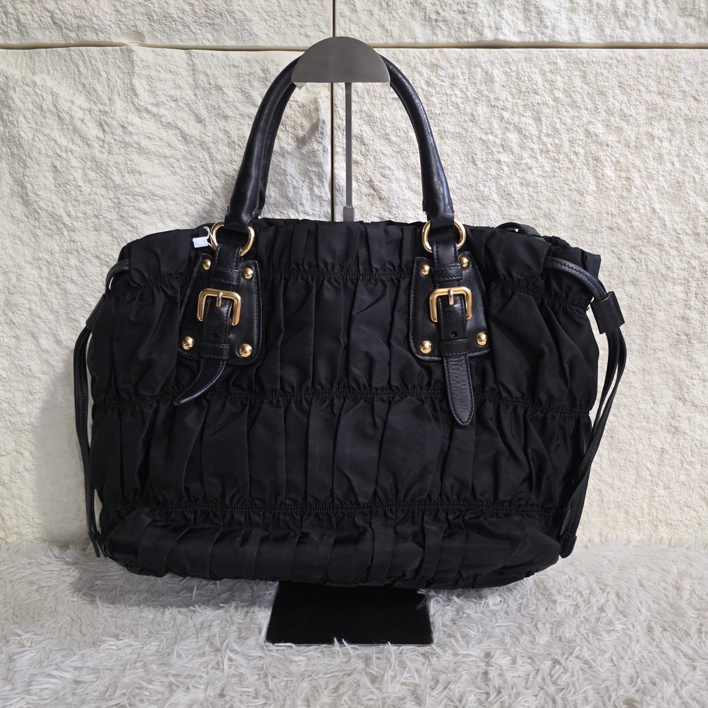 Prada Gathered Nylon 2Way Shoulder Bag Black (Pre-Owned)