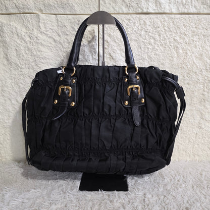 Prada Gathered Nylon 2Way Shoulder Bag Black (Pre-Owned)