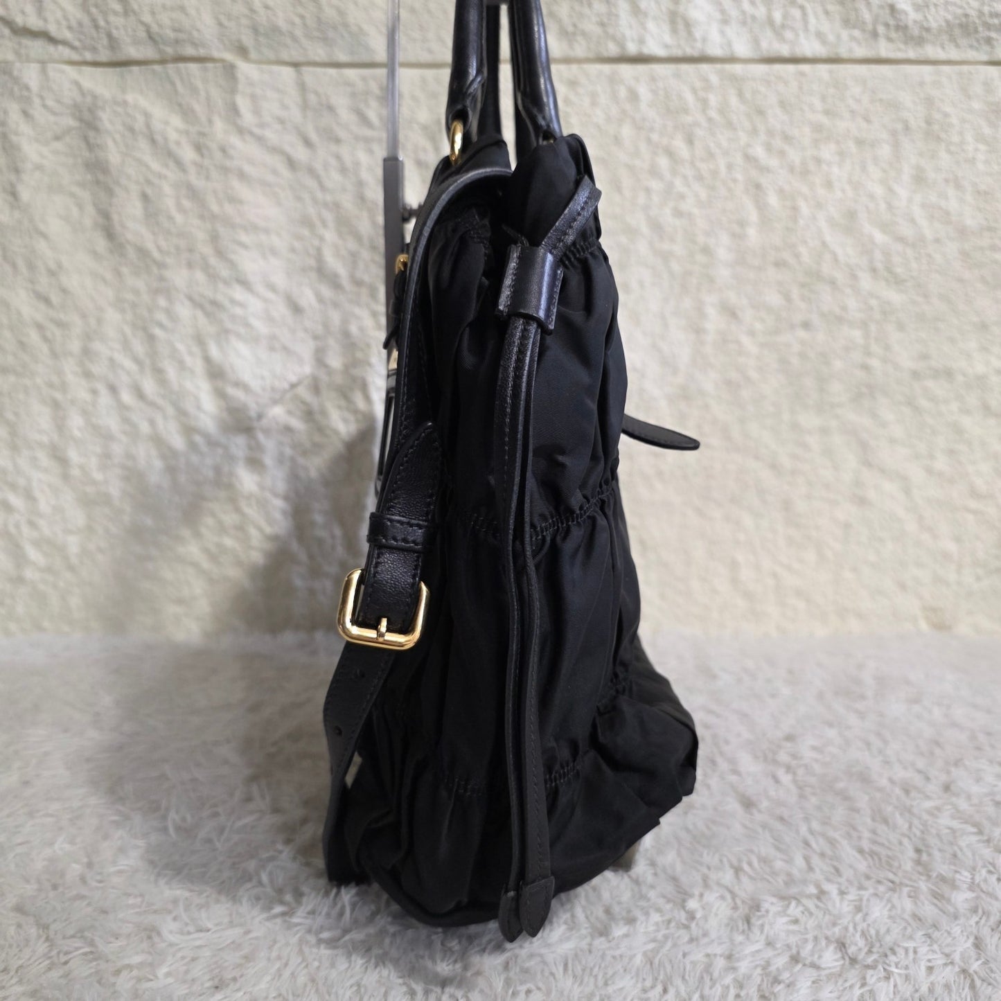 Prada Gathered Nylon 2Way Shoulder Bag Black (Pre-Owned)