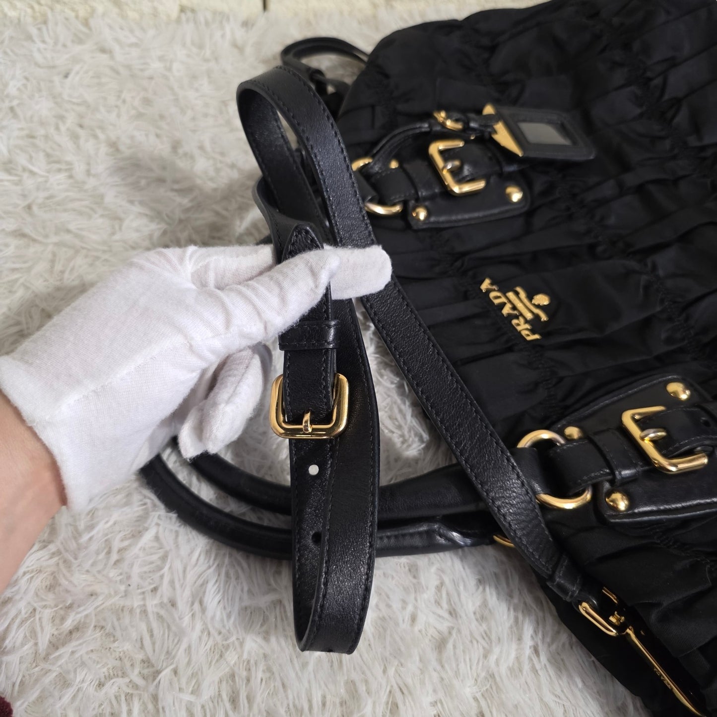 Prada Gathered Nylon 2Way Shoulder Bag Black (Pre-Owned)
