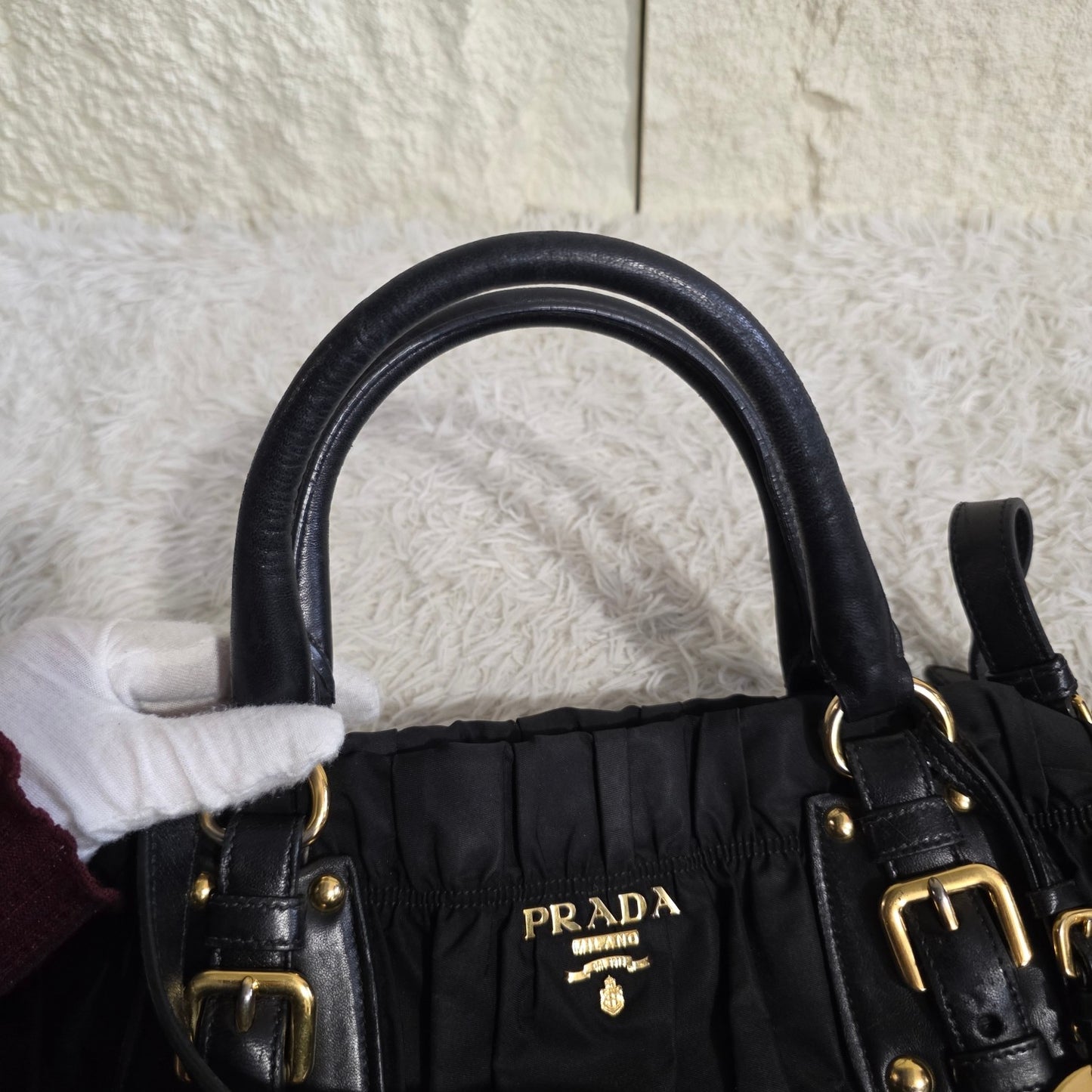 Prada Gathered Nylon 2Way Shoulder Bag Black (Pre-Owned)