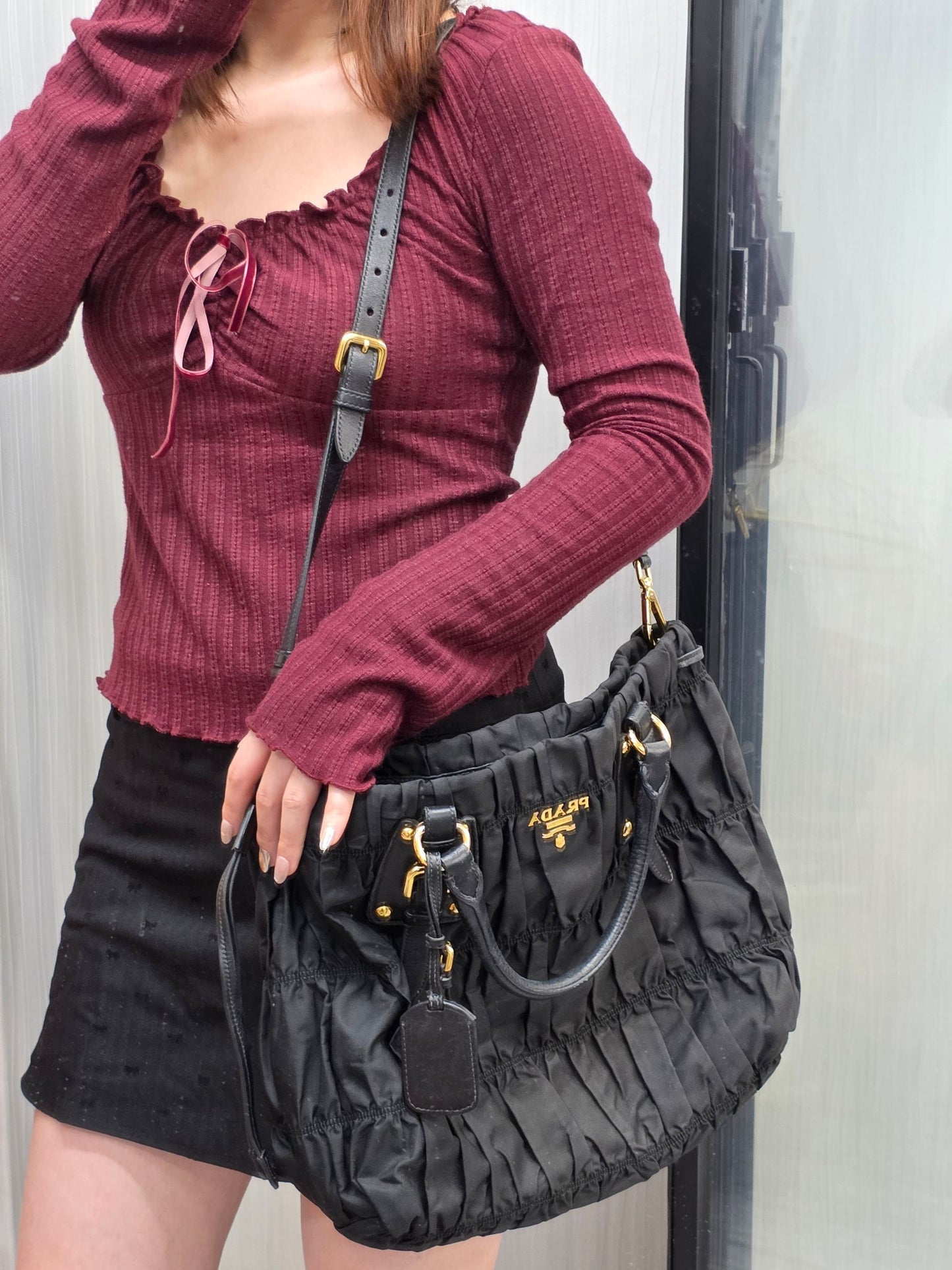 Prada Gathered Nylon 2Way Shoulder Bag Black (Pre-Owned)