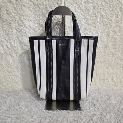 Balenciaga Bazar XS Stripe Leather 2Way Tote Bag Black White (Pre-Owned)