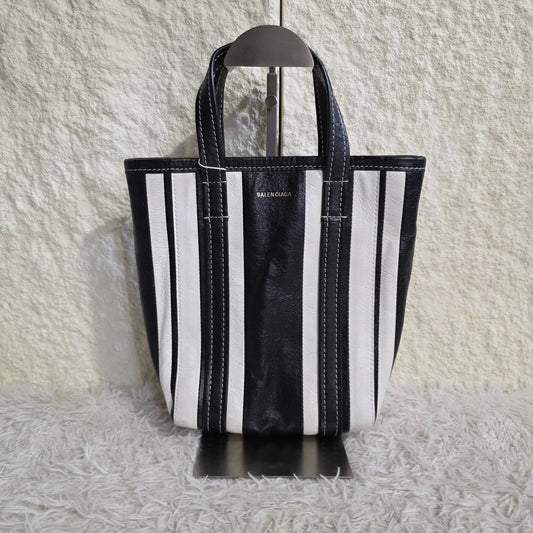 Balenciaga Bazar XS Stripe Leather 2Way Tote Bag Black White (Pre-Owned)