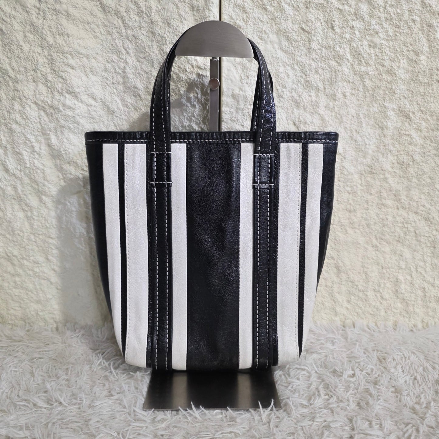 Balenciaga Bazar XS Stripe Leather 2Way Tote Bag Black White (Pre-Owned)