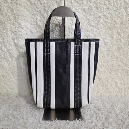 Balenciaga Bazar XS Stripe Leather 2Way Tote Bag Black White (Pre-Owned)