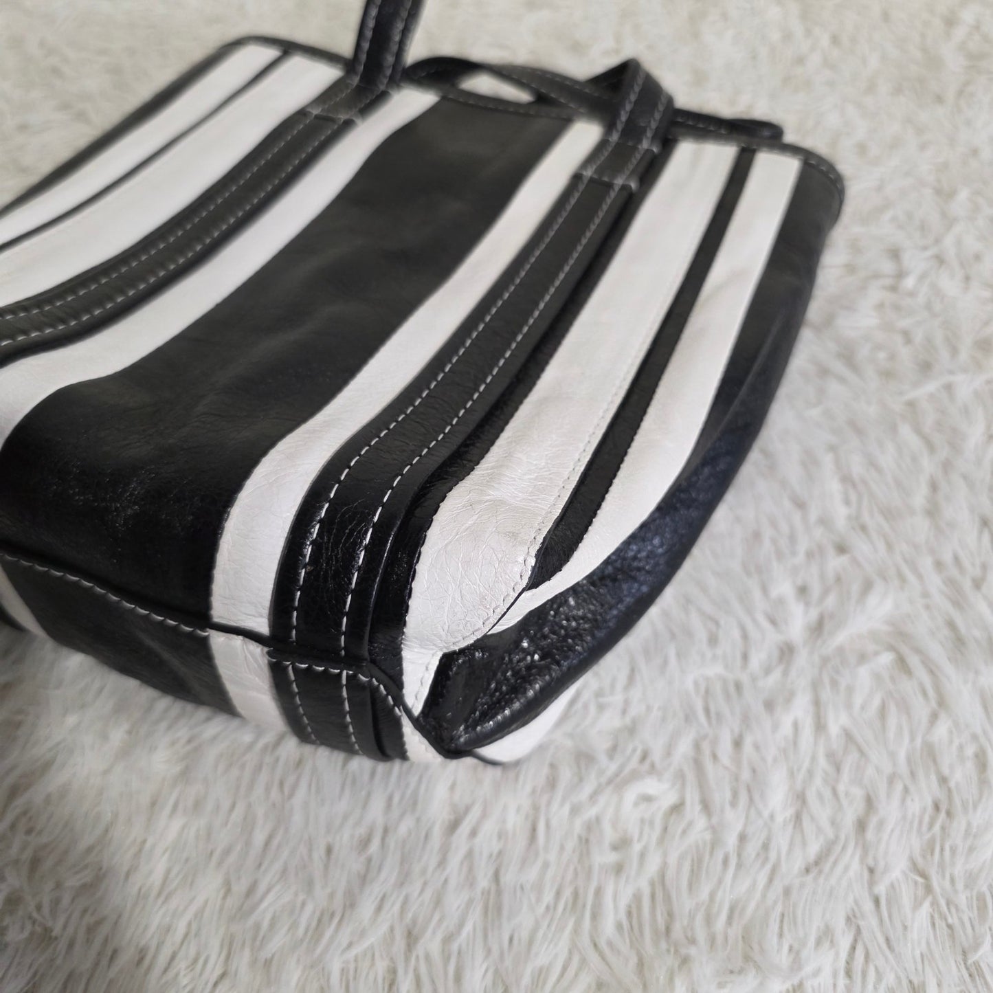 Balenciaga Bazar XS Stripe Leather 2Way Tote Bag Black White (Pre-Owned)