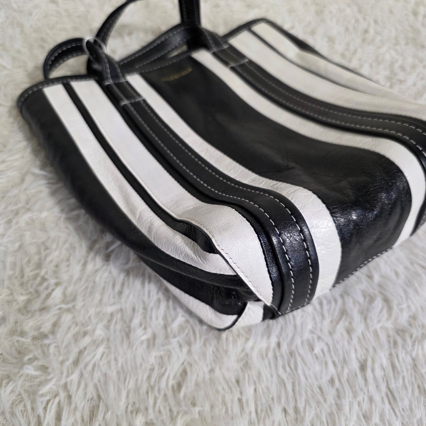 Balenciaga Bazar XS Stripe Leather 2Way Tote Bag Black White (Pre-Owned)