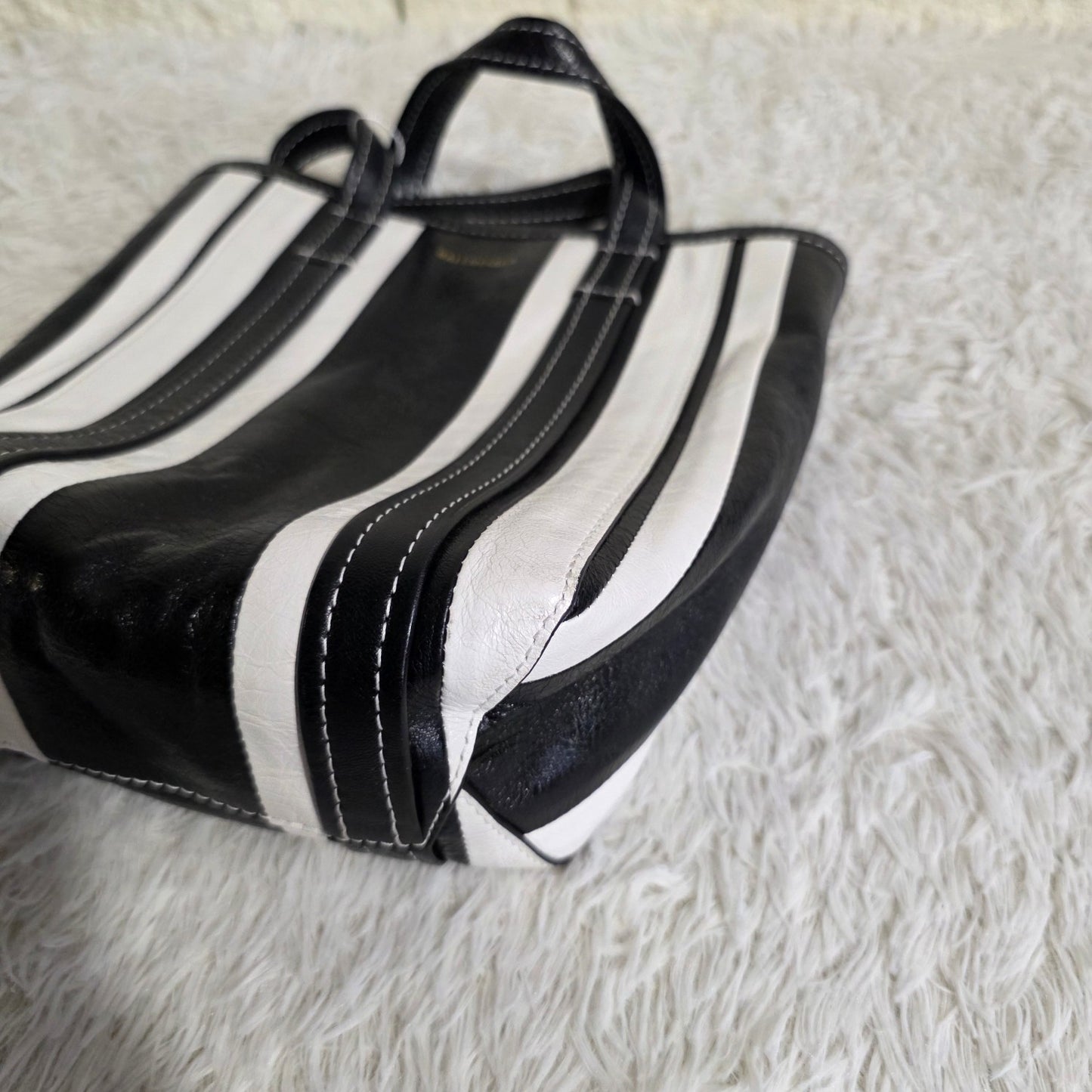 Balenciaga Bazar XS Stripe Leather 2Way Tote Bag Black White (Pre-Owned)