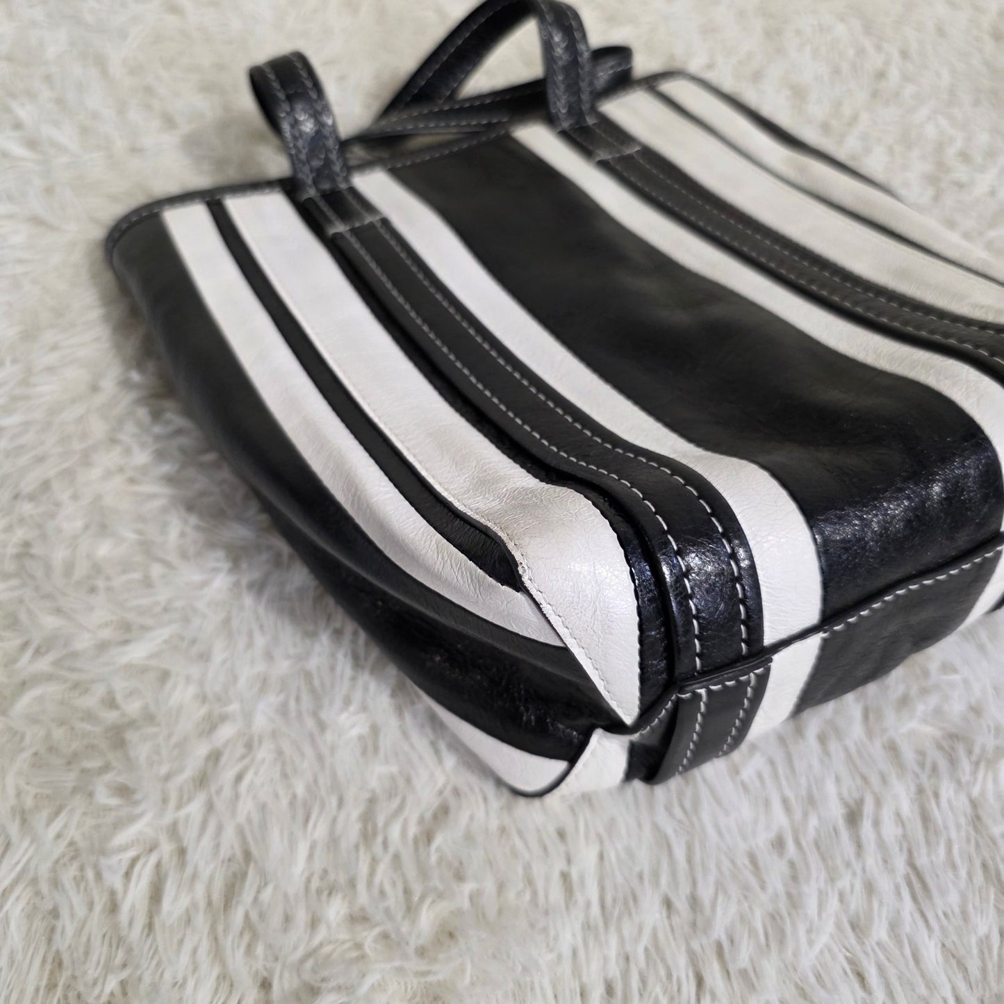 Balenciaga Bazar XS Stripe Leather 2Way Tote Bag Black White (Pre-Owned)