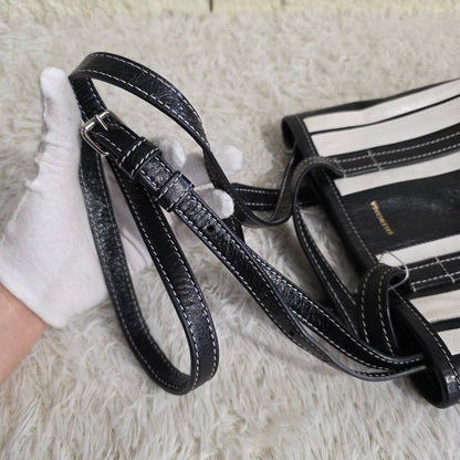 Balenciaga Bazar XS Stripe Leather 2Way Tote Bag Black White (Pre-Owned)