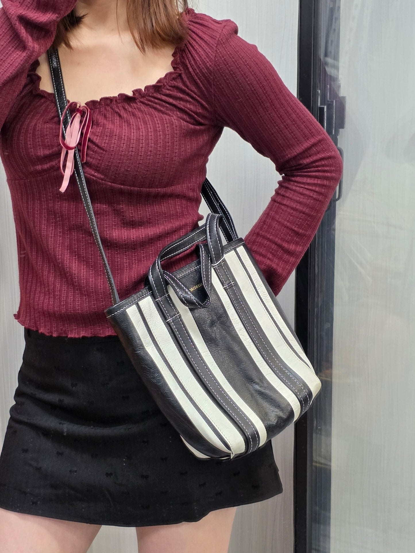 Balenciaga Bazar XS Stripe Leather 2Way Tote Bag Black White (Pre-Owned)