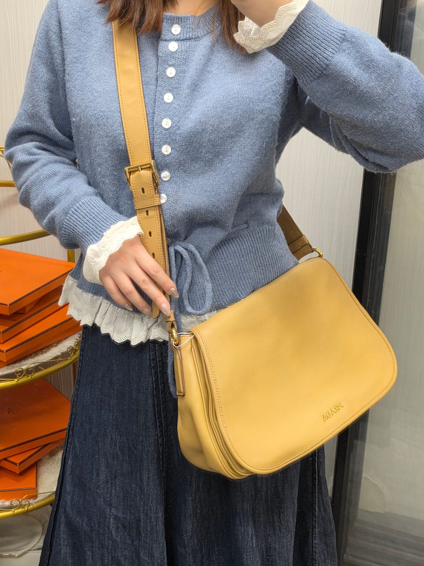 Prada Leather Flap Shoulder Bag Beige (Pre-Owned)