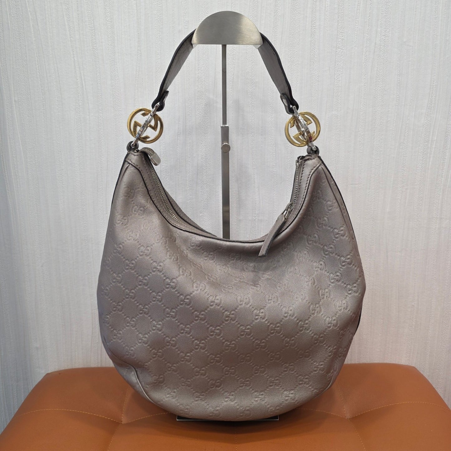 Gucci GG Guccissima Leather Hobo Shoulder Bag Metallic Silver (Pre-Owned)
