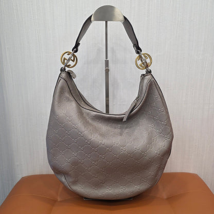 Gucci GG Guccissima Leather Hobo Shoulder Bag Metallic Silver (Pre-Owned)