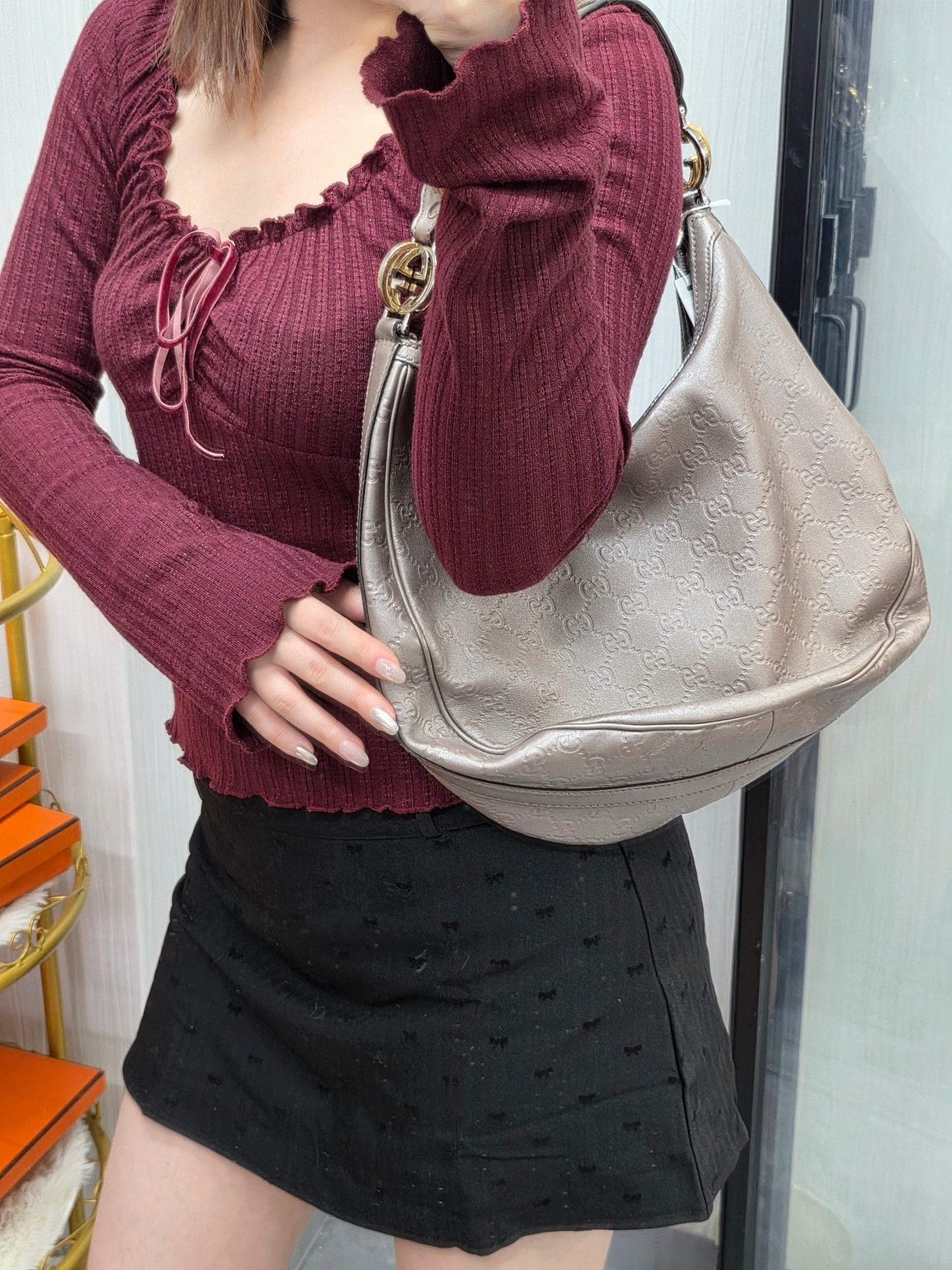 Gucci GG Guccissima Leather Hobo Shoulder Bag Metallic Silver (Pre-Owned)