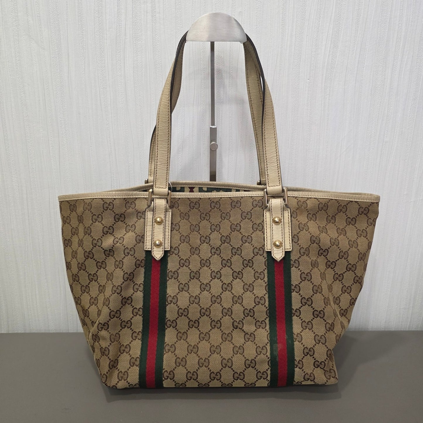 Gucci GG Canvas Web Stripe Tote Bag Beige (Pre-Owned)