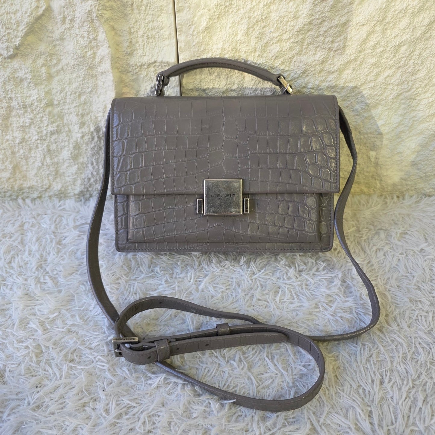 Saint Laurent Bellechasse Croc-Embossed Leather Top Handle Bag Grey (Pre-Owned)
