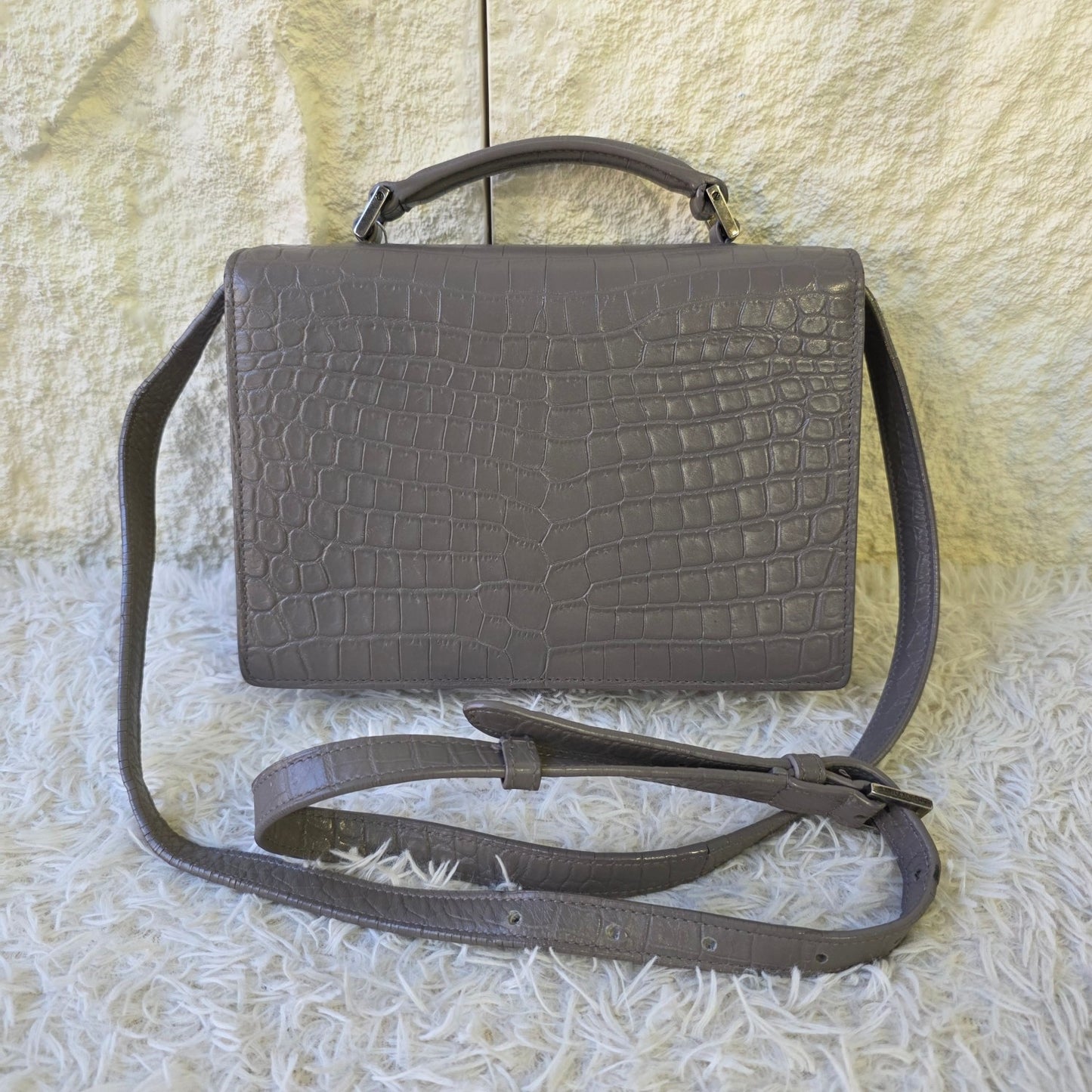 Saint Laurent Bellechasse Croc-Embossed Leather Top Handle Bag Grey (Pre-Owned)