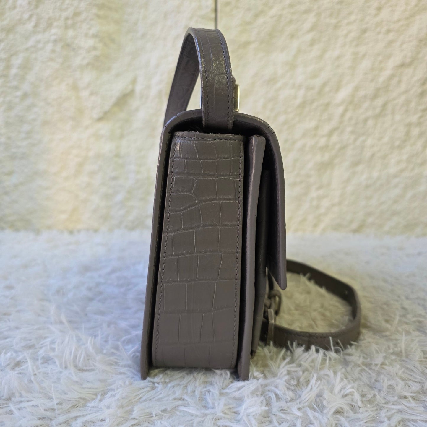 Saint Laurent Bellechasse Croc-Embossed Leather Top Handle Bag Grey (Pre-Owned)