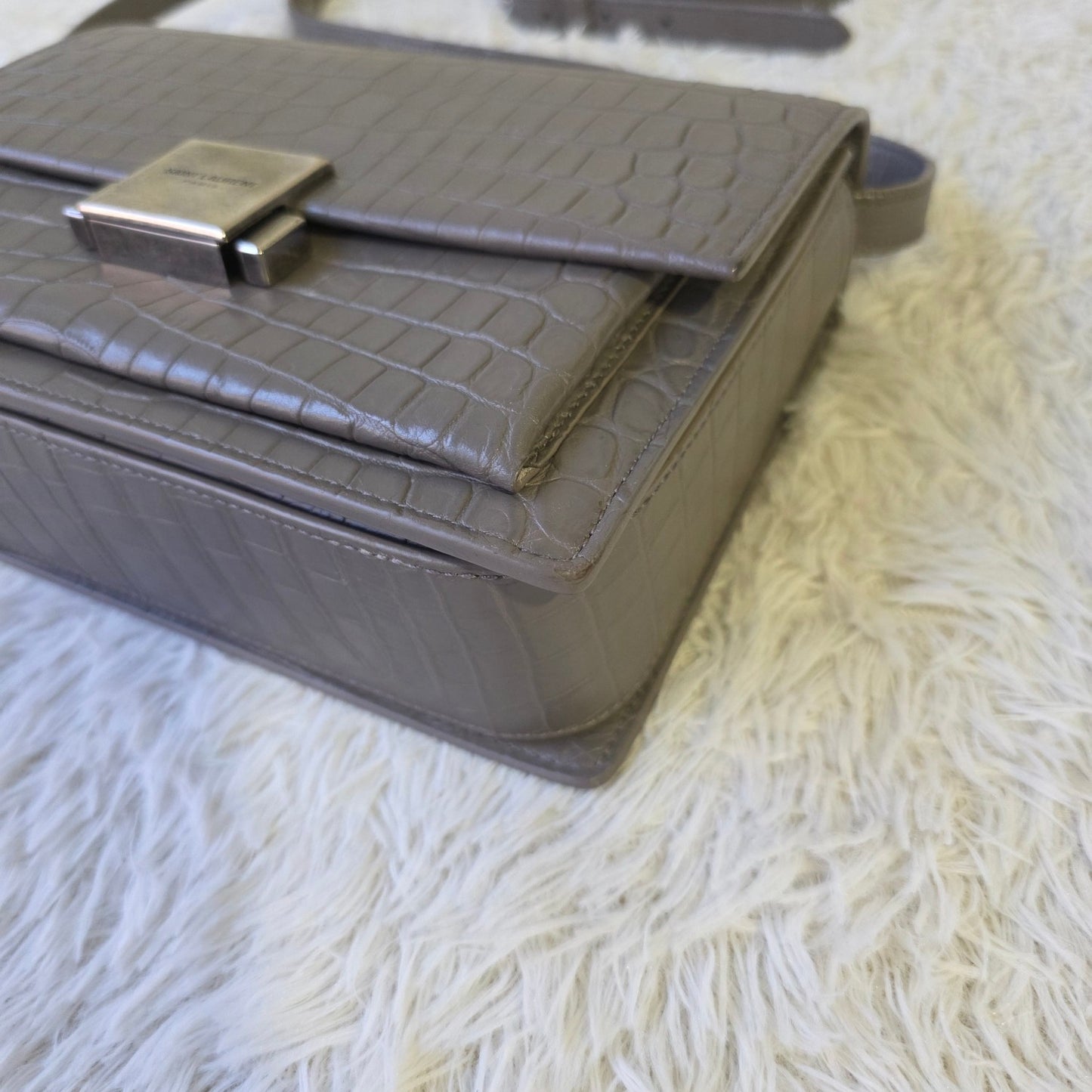 Saint Laurent Bellechasse Croc-Embossed Leather Top Handle Bag Grey (Pre-Owned)