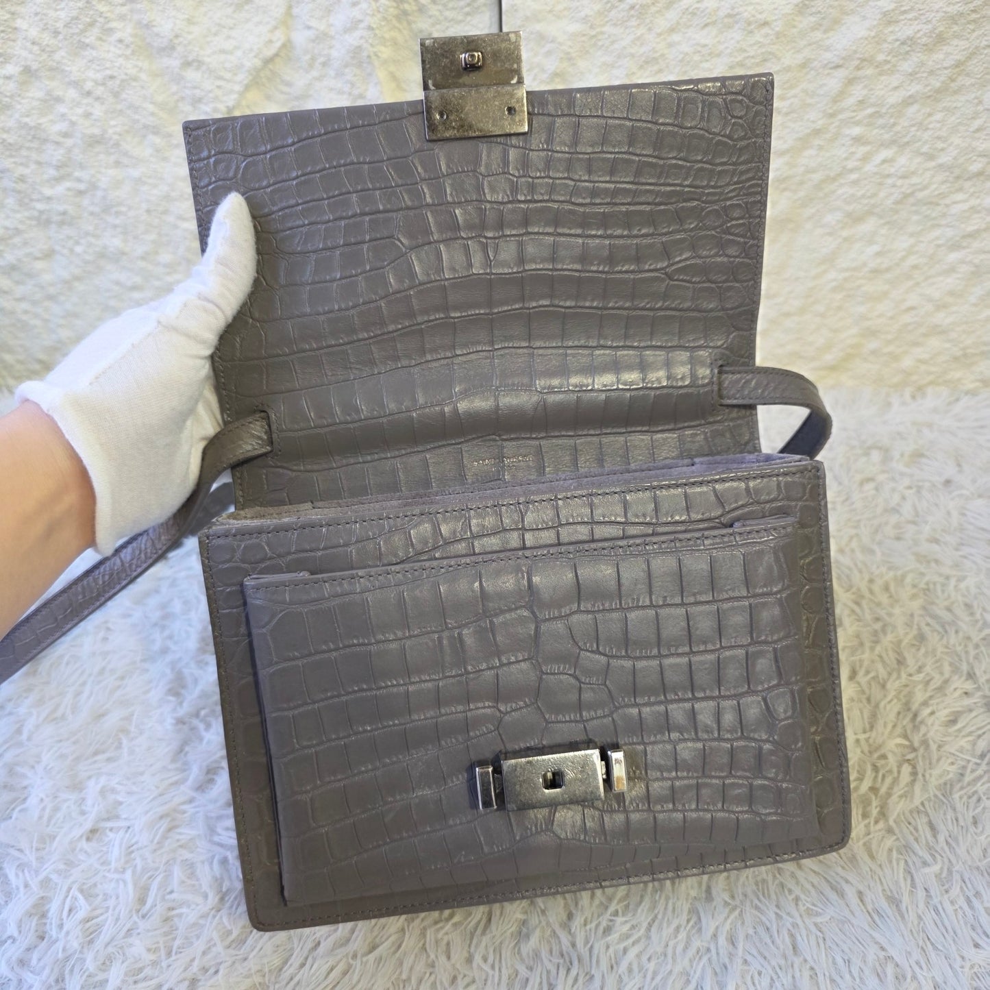 Saint Laurent Bellechasse Croc-Embossed Leather Top Handle Bag Grey (Pre-Owned)