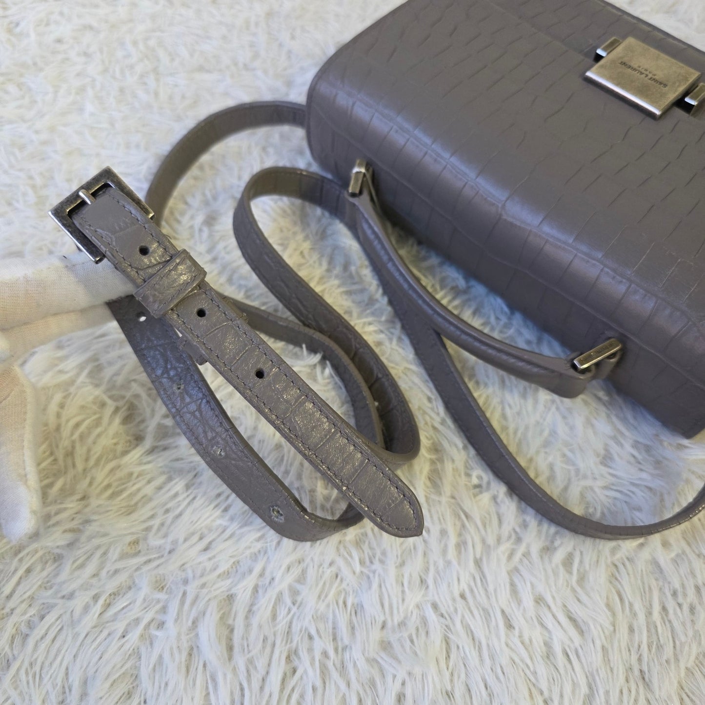 Saint Laurent Bellechasse Croc-Embossed Leather Top Handle Bag Grey (Pre-Owned)