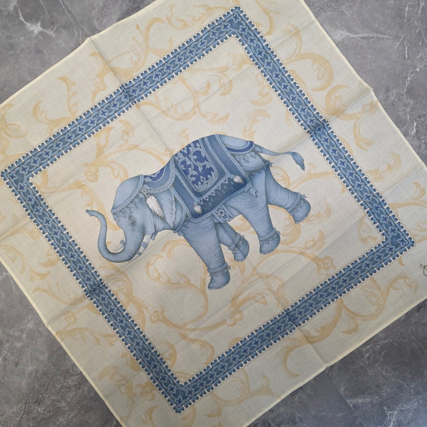 Jim Thompson Elephant Motif Silk Handkerchief Beige Blue (Pre-Owned)