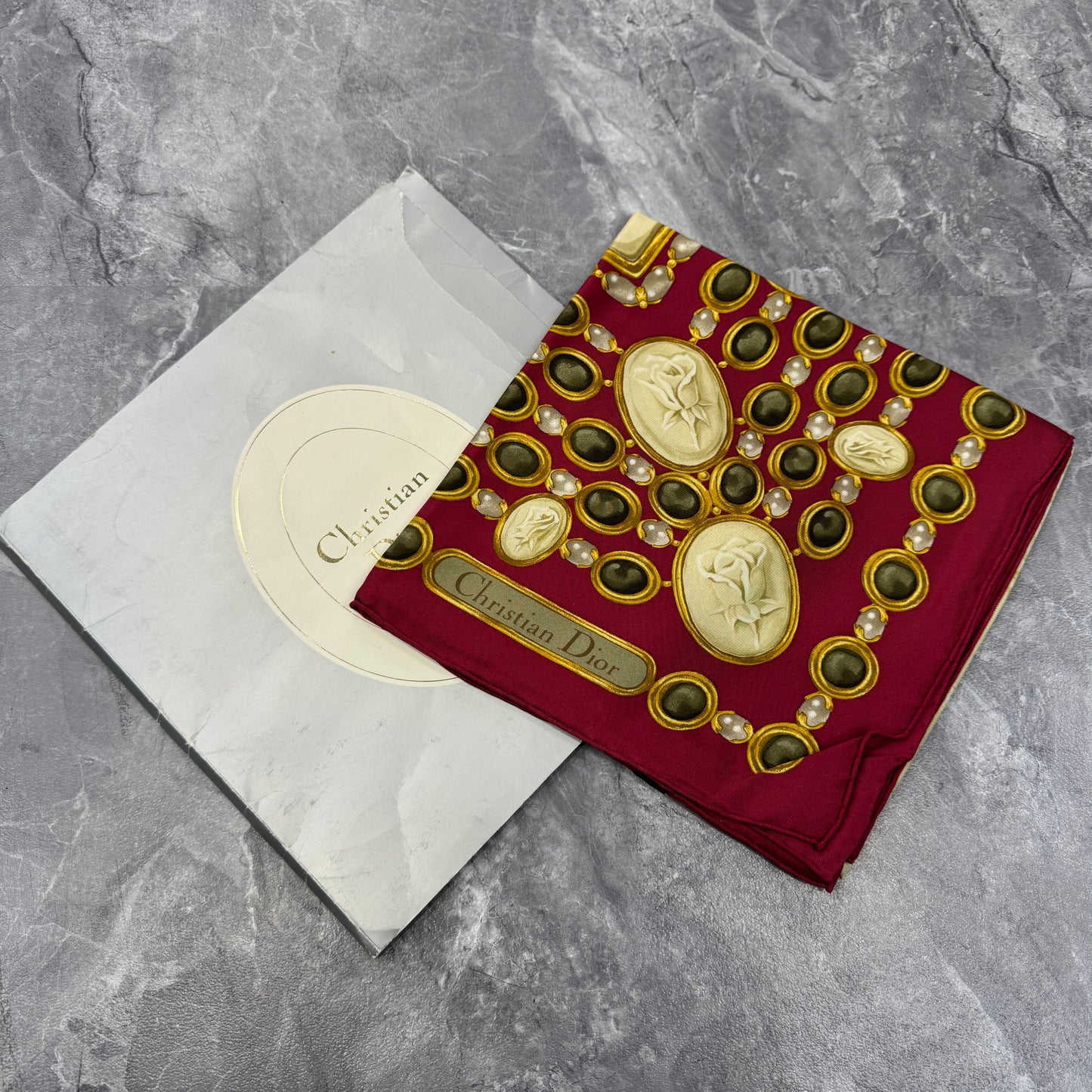 Christian Dior Vintage Jewelry Motif Silk Scarf Red Gold (Pre-Owned)