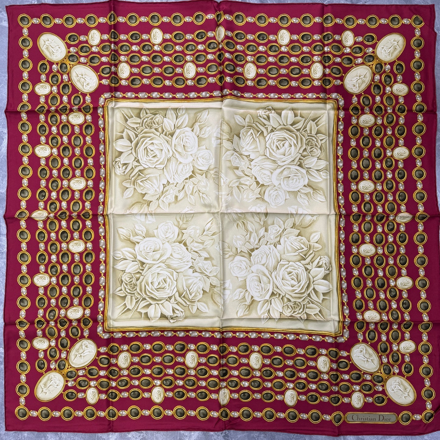 Christian Dior Vintage Jewelry Motif Silk Scarf Red Gold (Pre-Owned)