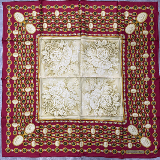 Christian Dior Vintage Jewelry Motif Silk Scarf Red Gold (Pre-Owned)