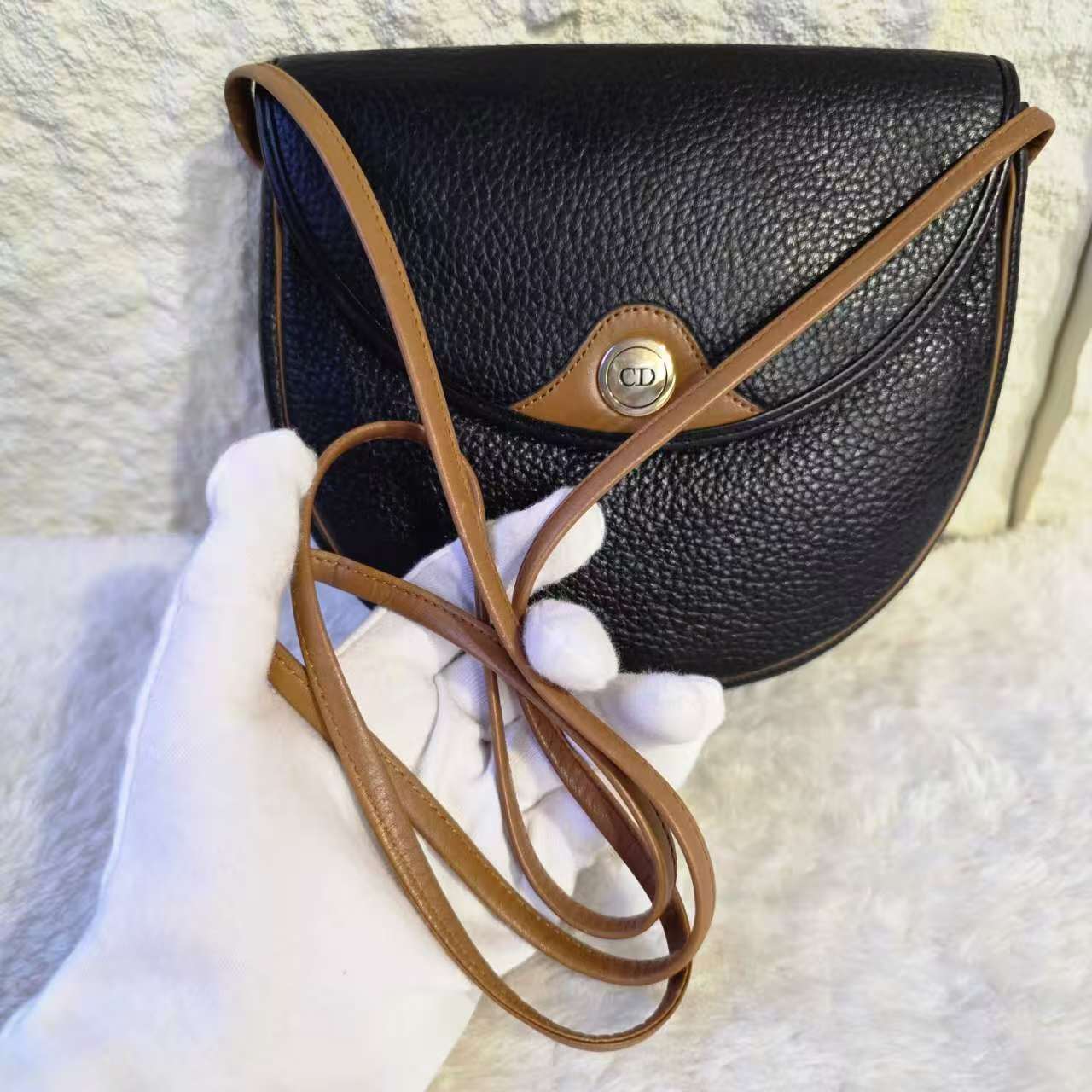 Christian Dior Vintage CD Logo Leather Flap Shoulder Bag Black Brown (Pre-Owned)