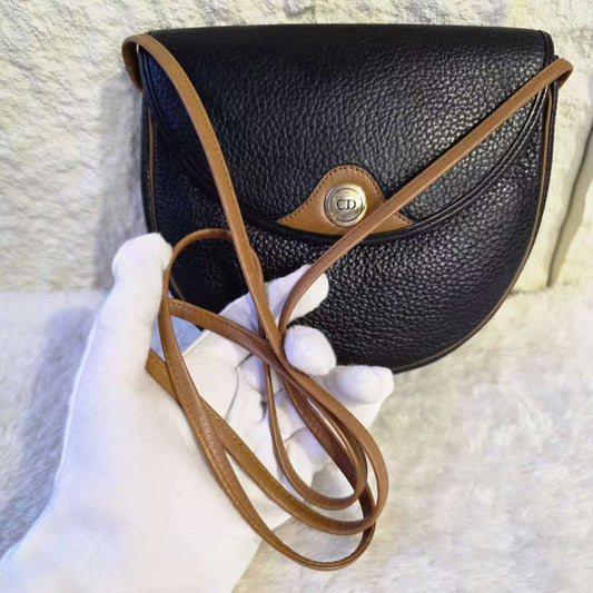 Christian Dior Vintage CD Logo Leather Flap Shoulder Bag Black Brown (Pre-Owned)