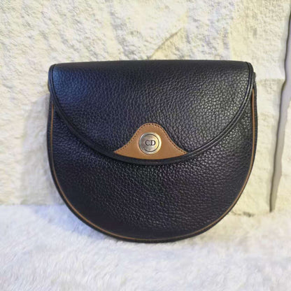 Christian Dior Vintage CD Logo Leather Flap Shoulder Bag Black Brown (Pre-Owned)