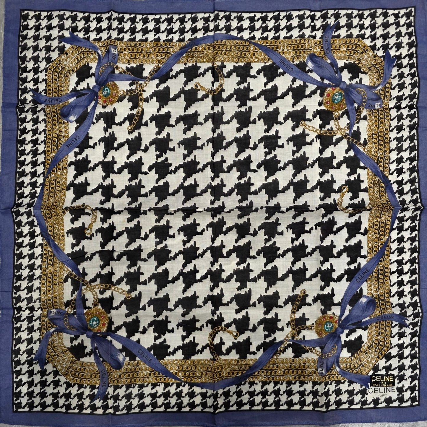 Celine Chain Ribbon Houndstooth Cotton Scarf Blue Multicolor (Pre-Owned)