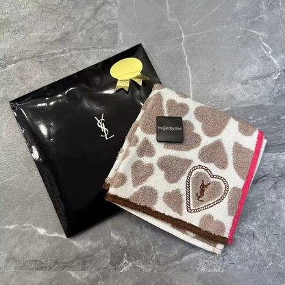 Yves Saint Laurent Heart Pattern Cotton Hand Towel Beige Brown (Pre-Owned)