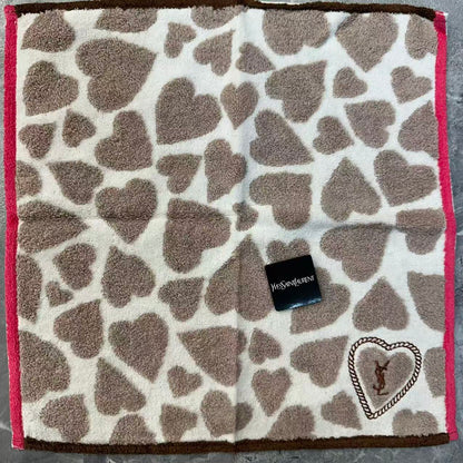 Yves Saint Laurent Heart Pattern Cotton Hand Towel Beige Brown (Pre-Owned)