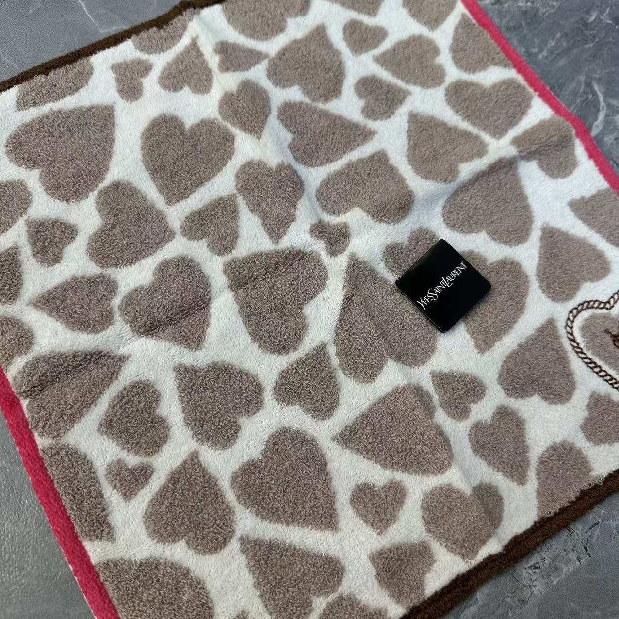 Yves Saint Laurent Heart Pattern Cotton Hand Towel Beige Brown (Pre-Owned)
