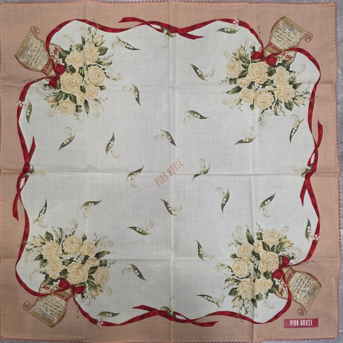 Pink House Floral Ribbon Cotton Handkerchief Pink Multicolor (Pre-Owned)
